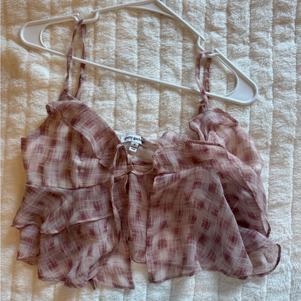 Chic Pink Ruffled Crop Camisole with Tie Front